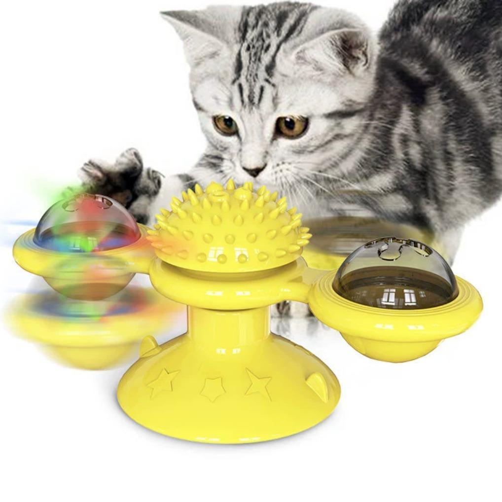 Interactive Windmill Cat Toy with LED & Catnip – Suction Cup Play Set