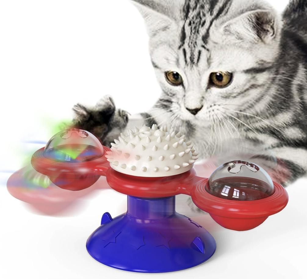 Interactive Windmill Cat Toy with LED & Catnip – Suction Cup Play Set