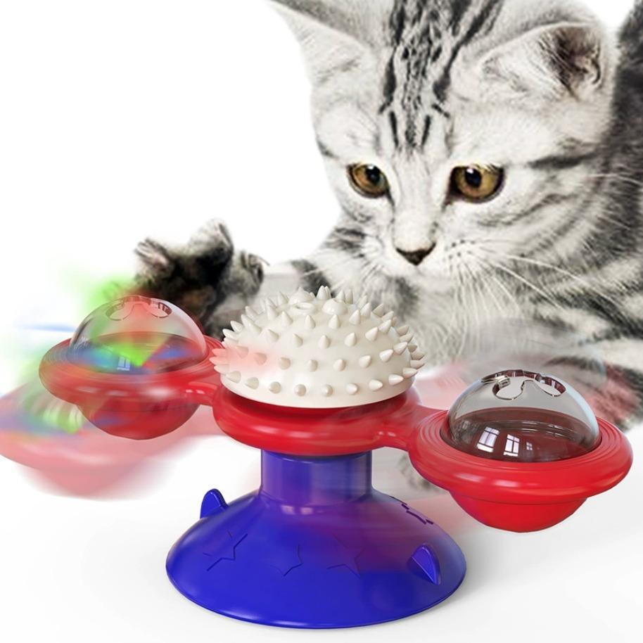 Interactive Windmill Cat Toy with LED & Catnip – Suction Cup Play Set